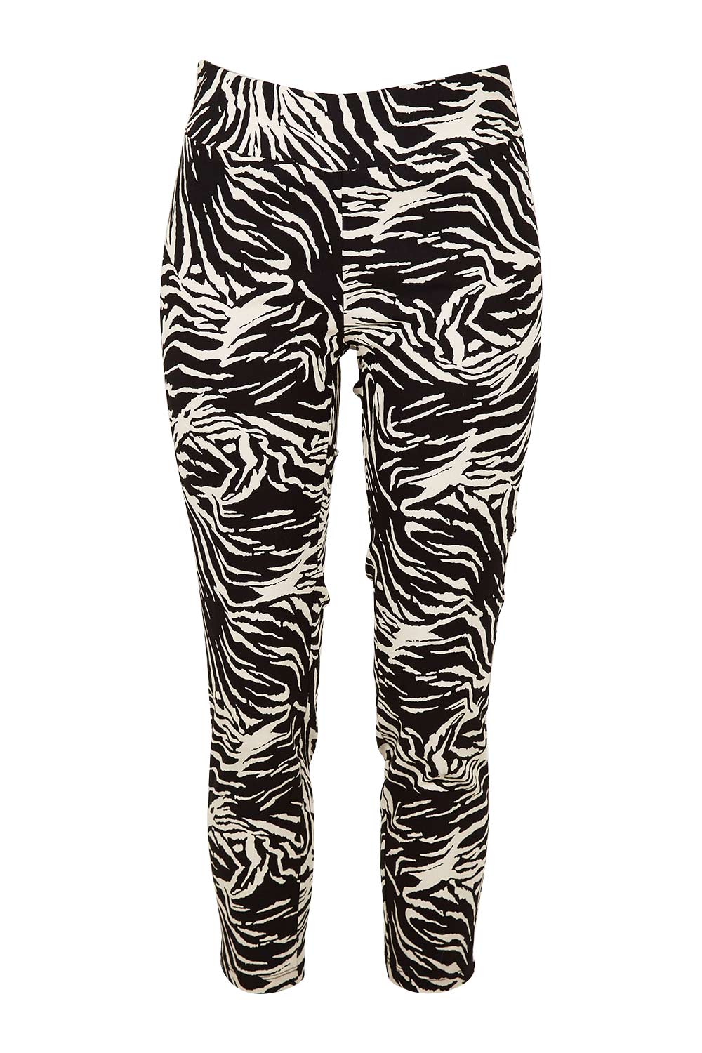 Product shot of The Printed Pull On Pant in colour Zebra (Black), from the front