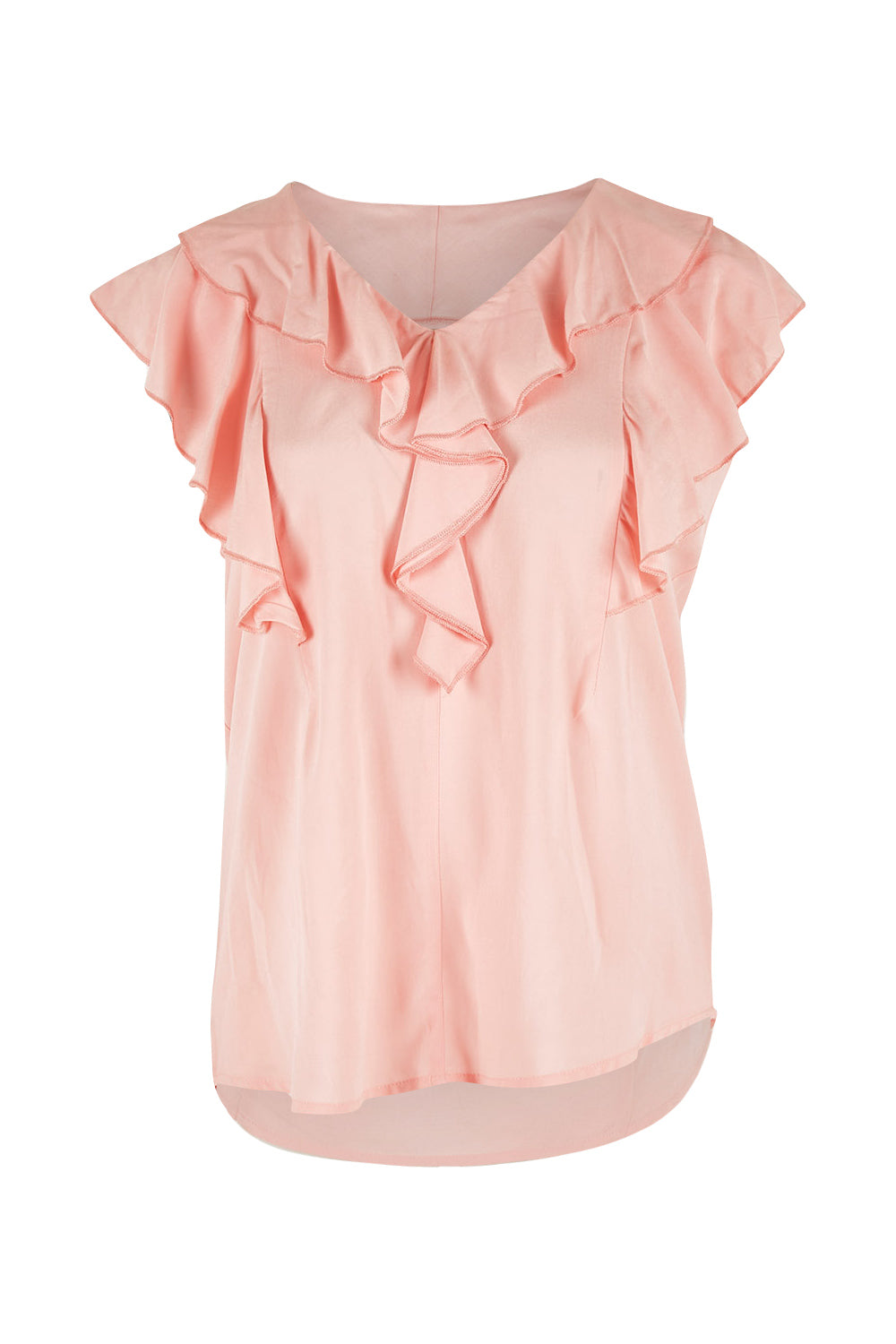 Product shot of The Flowy Ruffle Top in colour Pink (Pink), from the front