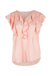 Product shot of The Flowy Ruffle Top in colour Pink (Pink), from the front