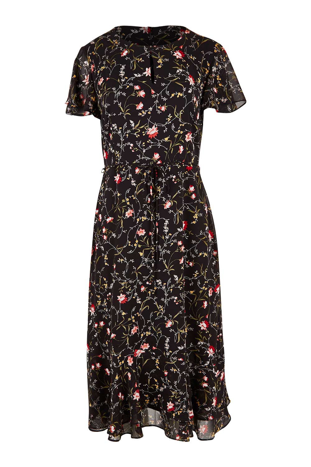 Product shot of The Printed Chiffon Lined Dress in colour Botanical (Black), from the front
