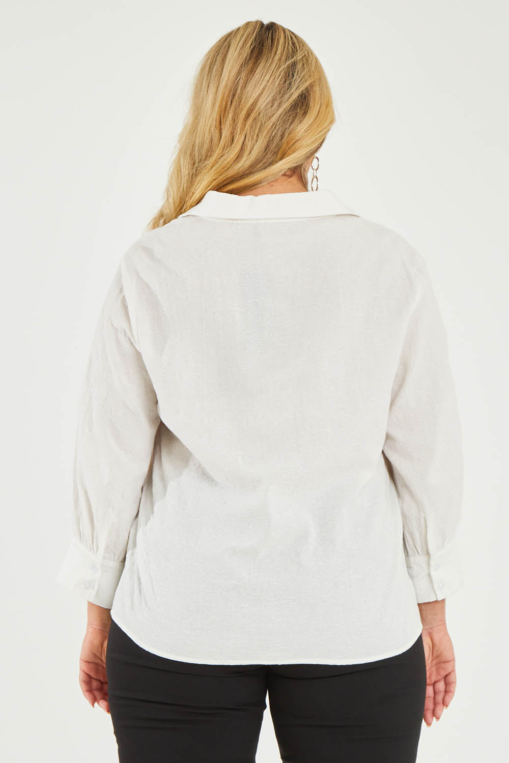 Model Katie wearing size 16 of The Frill Placket Cotton Dobby Shirt in colour White (White), from the back