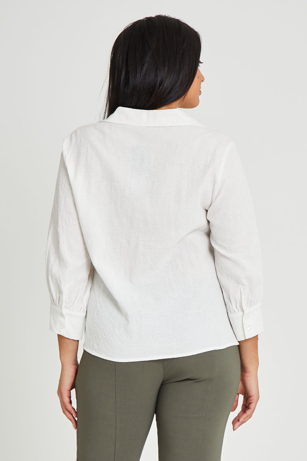 Model Terri-Leigh wearing size 14 of The Frill Placket Cotton Dobby Shirt in colour White (White), from the back