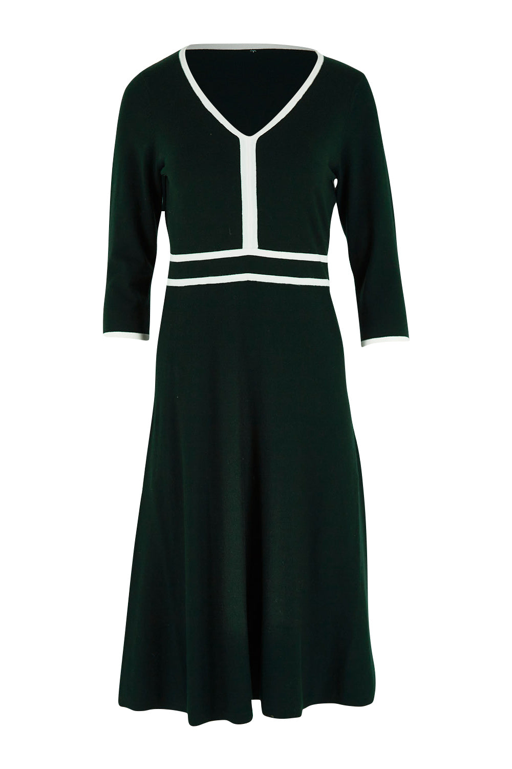 Product shot of The Contrast Trim Knit Dress in colour Darkpine (Green), from the front