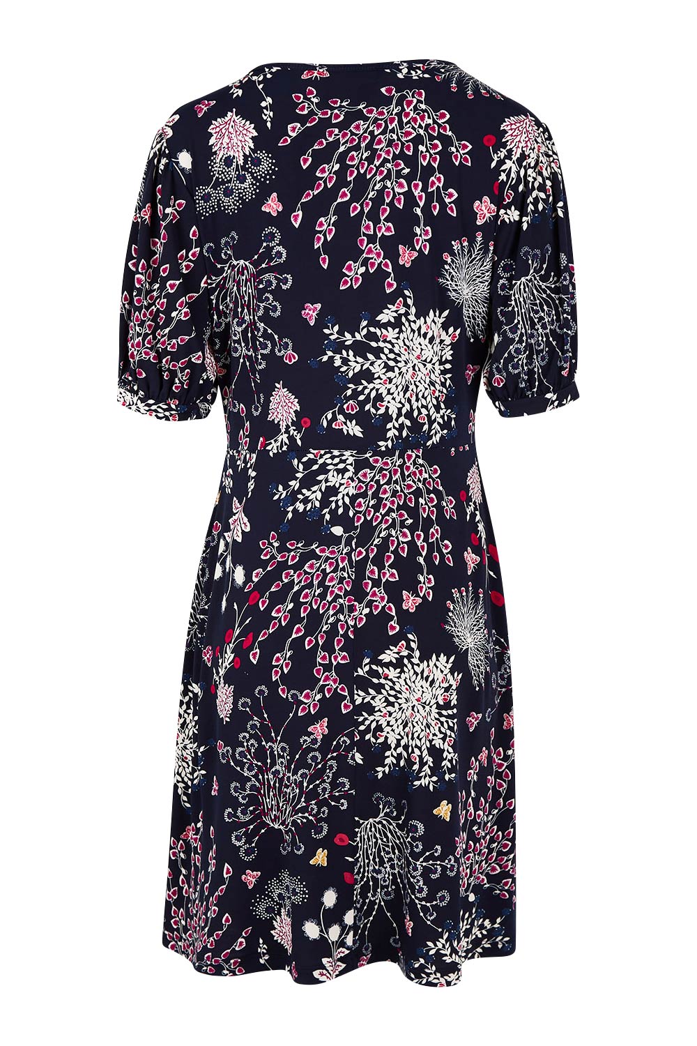 Product shot of The Ruched Waist Detail Dress in colour Garden (Blue), from the back