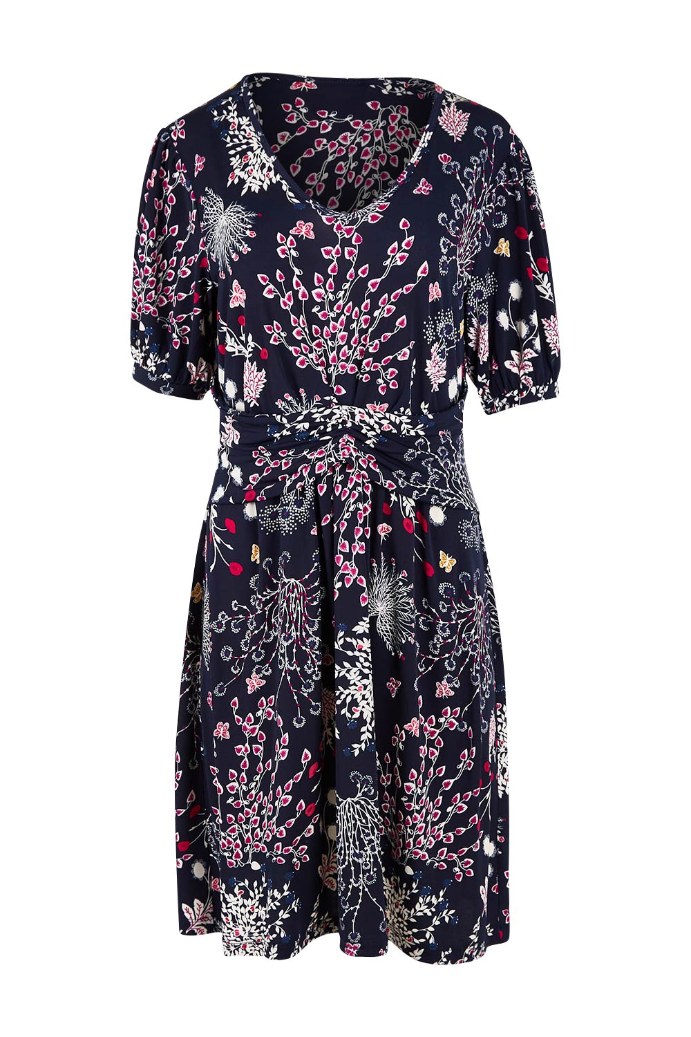 Product shot of The Ruched Waist Detail Dress in colour Garden (Blue), from the front