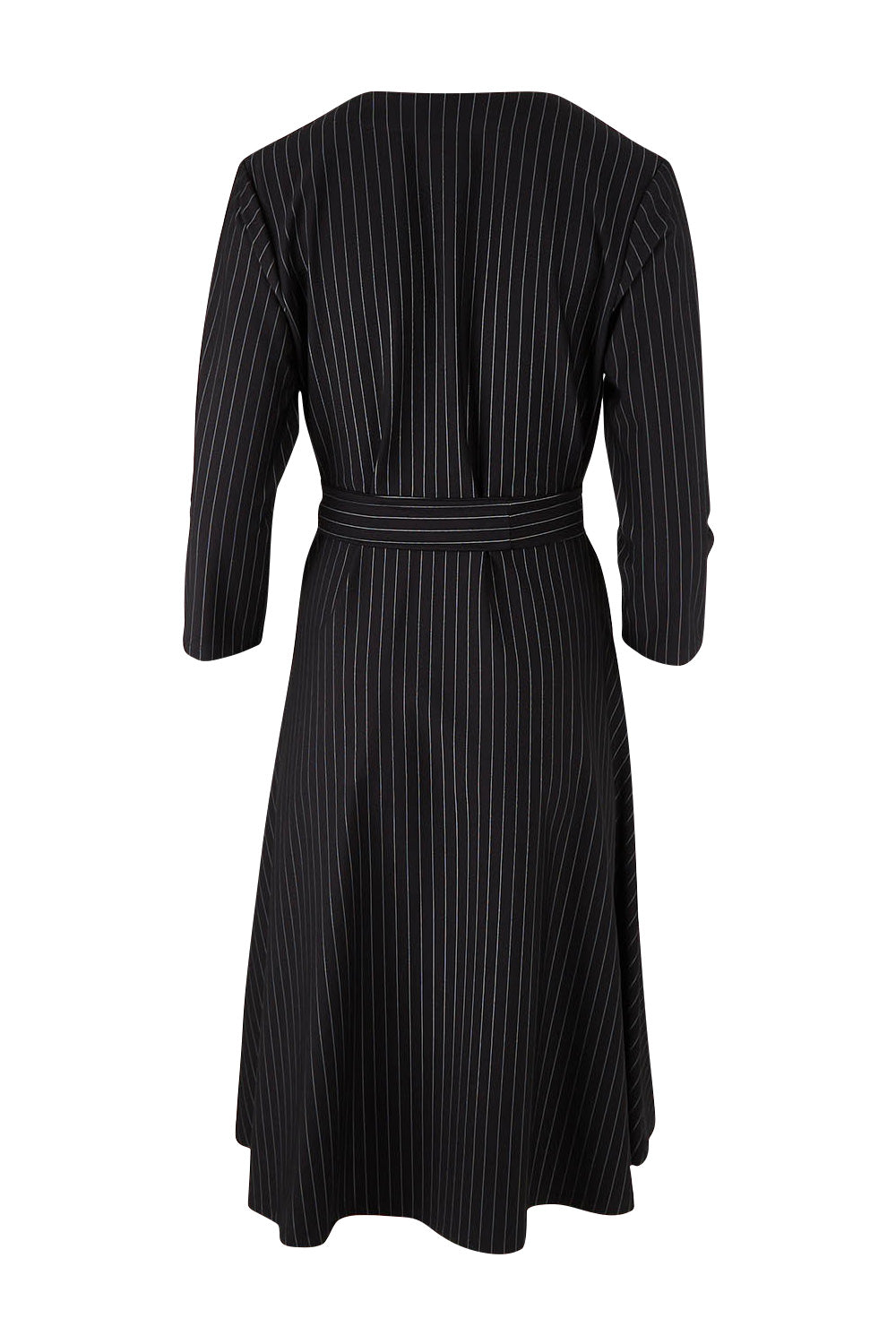 Product shot of The Stripe Ponte Pocket Dress in colour Stripe (Black), from the back