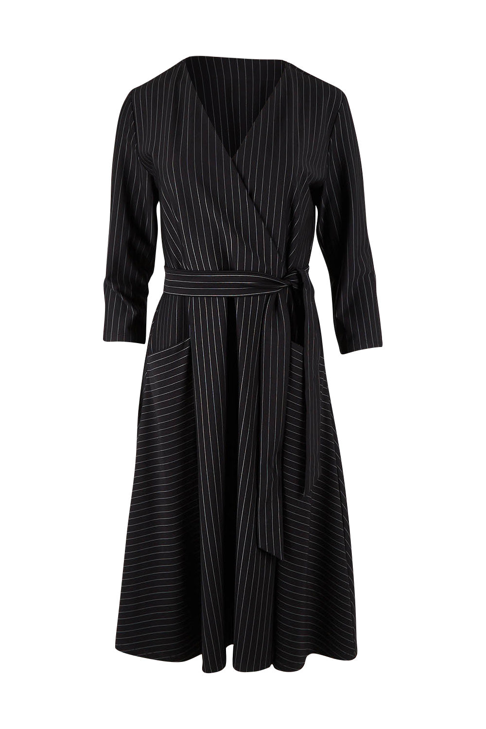 Product shot of The Stripe Ponte Pocket Dress in colour Stripe (Black), from the front