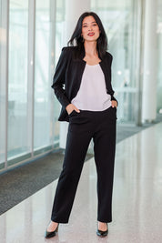Model Miranda wearing size 10 of The Straight Cut Pull On Ponte Pant in colour Black (Black), from the front, showing the whole outfit