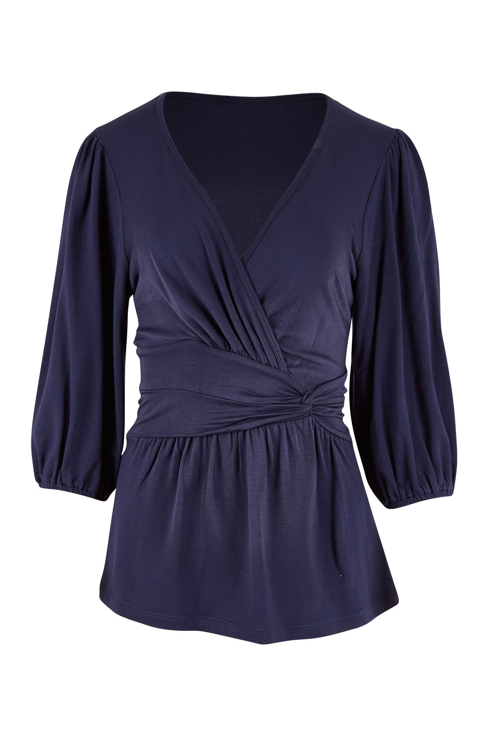 Product shot of The Bamboo Knot Waist Detail Blouse in colour Darknavy (Blue), from the front