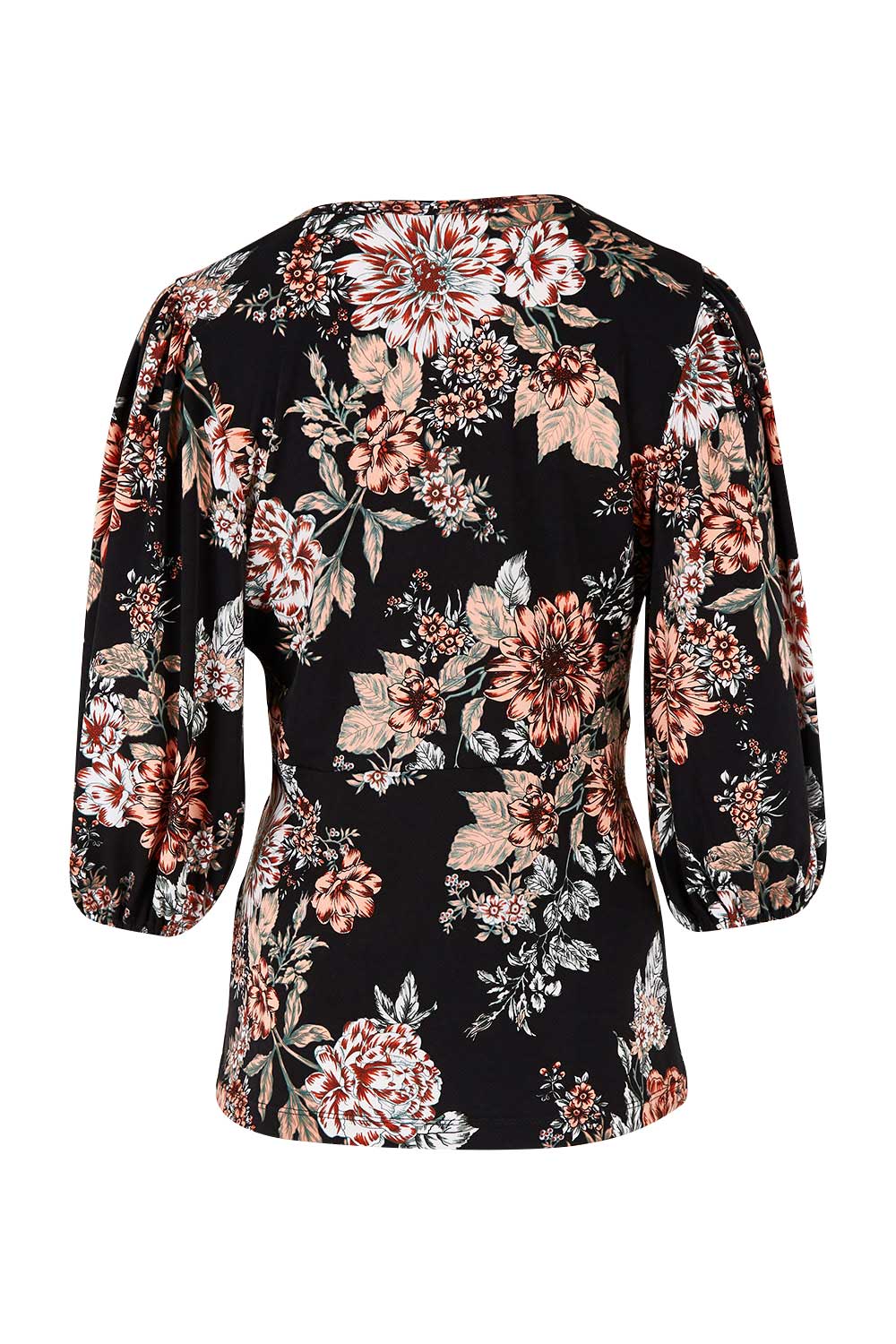 Product shot of The Knot Waist Detail Blouse in colour Blackfleur (Black), from the back