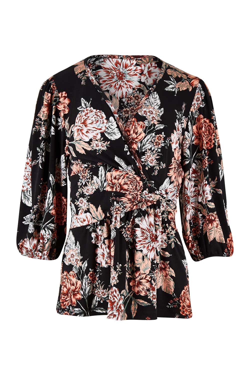 Product shot of The Knot Waist Detail Blouse in colour Blackfleur (Black), from the front