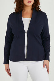 Model Maddy wearing size 16 of The Sculpted Ponte Blazer in colour Darknavy (Blue), from the front, cropped image