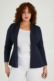 Model Maddy wearing size 16 of The Sculpted Ponte Blazer in colour Darknavy (Blue), from the front, cropped image