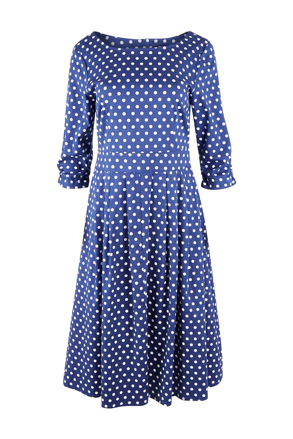 Product shot of The 3/4 Sleeve Cotton Stretch Dress in colour Spots (Blue), from the front