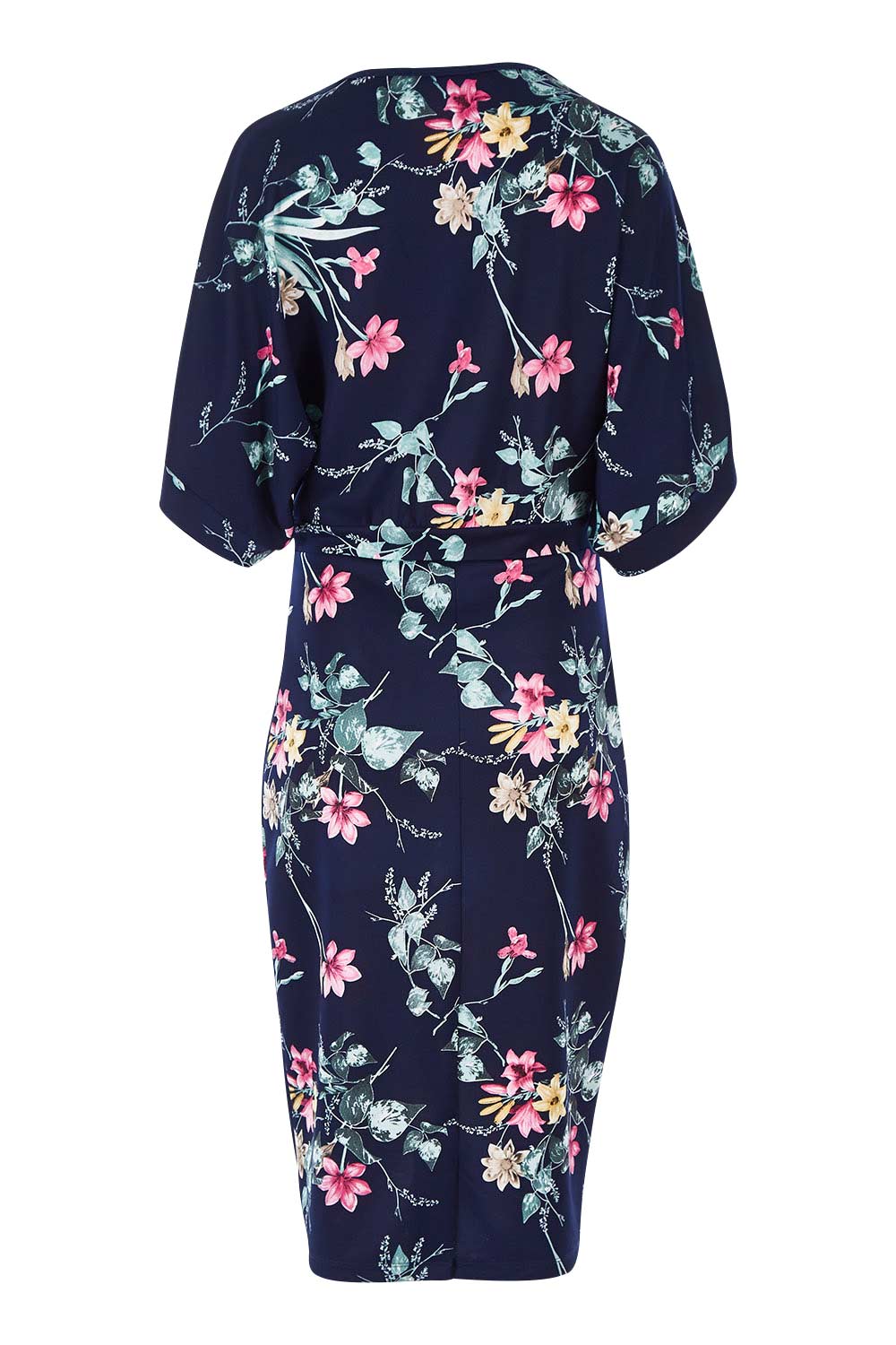 Product shot of The Printed Kimono Sleeve Pencil Dress in colour Lilies (Blue), from the back