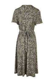 Product shot of the Preloved The Printed Jersey Faux Wrap Dress in colour Fleur (Green), from the back