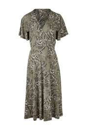 Product shot of the Preloved The Printed Jersey Faux Wrap Dress in colour Fleur (Green), from the front