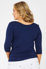 Model Jess wearing size 14 of The Reversible Cowl Neck Top in colour Deepnavy (Blue), from the back