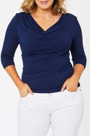 Model Jess wearing size 14 of The Reversible Cowl Neck Top in colour Deepnavy (Blue), from the front, cropped image
