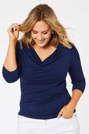 Model Jess wearing size 14 of The Reversible Cowl Neck Top in colour Deepnavy (Blue), from the front, cropped image