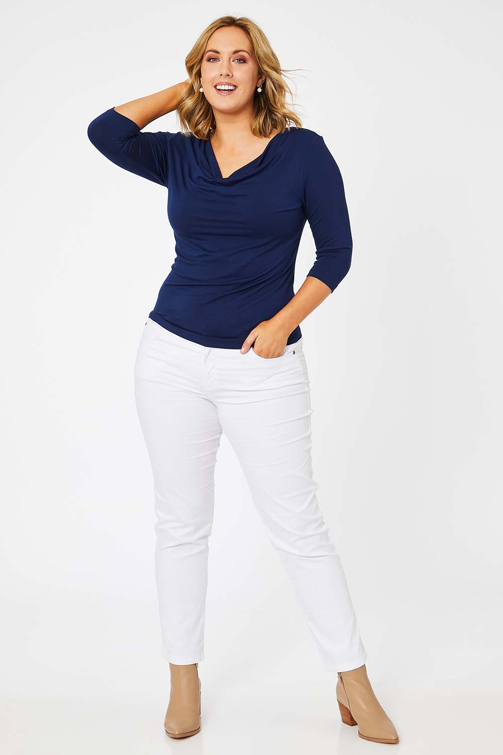 Model Jess wearing size 14 of The Reversible Cowl Neck Top in colour Deepnavy (Blue), from the front, showing the whole outfit