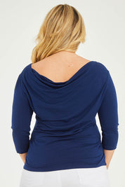 Model Katie wearing size 16 of The Reversible Cowl Neck Top in colour Deepnavy (Blue), from the back