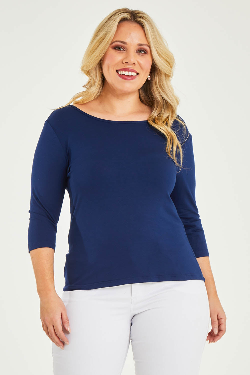 Model Katie wearing size 16 of The Reversible Cowl Neck Top in colour Deepnavy (Blue), from the front, cropped image