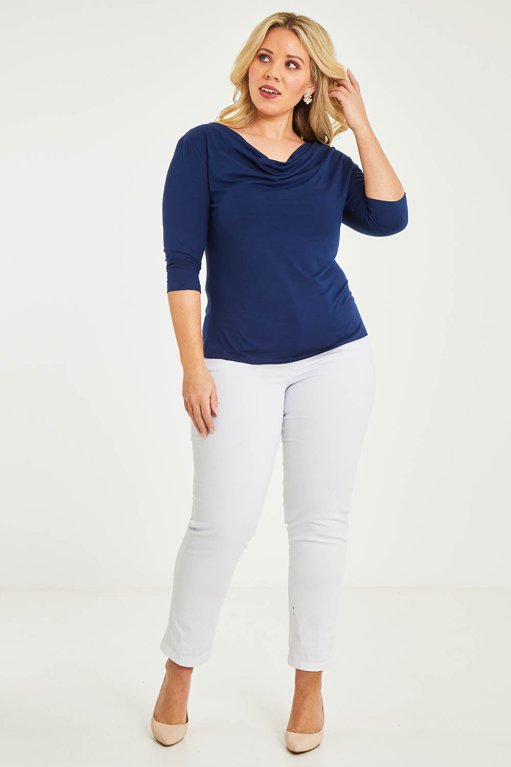 Model Katie wearing size 16 of The Reversible Cowl Neck Top in colour Deepnavy (Blue), from the front, showing the whole outfit
