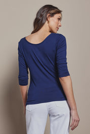 Model Madeline wearing size 10 of The Reversible Cowl Neck Top in colour Deepnavy (Blue), from the back