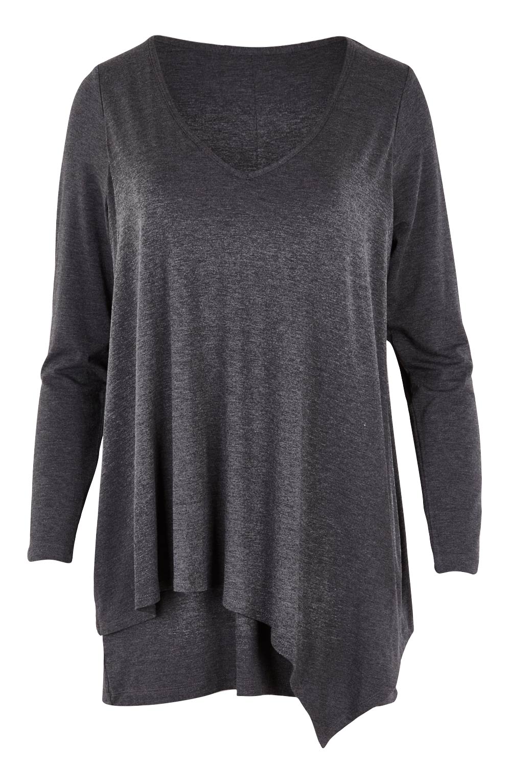 Product shot of the Belle V Neck Forgiver Tunic in colour Charcoal (Grey), from the front