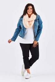 Model Mae wearing size 18 of the Belle Print Bengalene Pant in colour BlackPrint (Black), from the front, showing the whole outfit