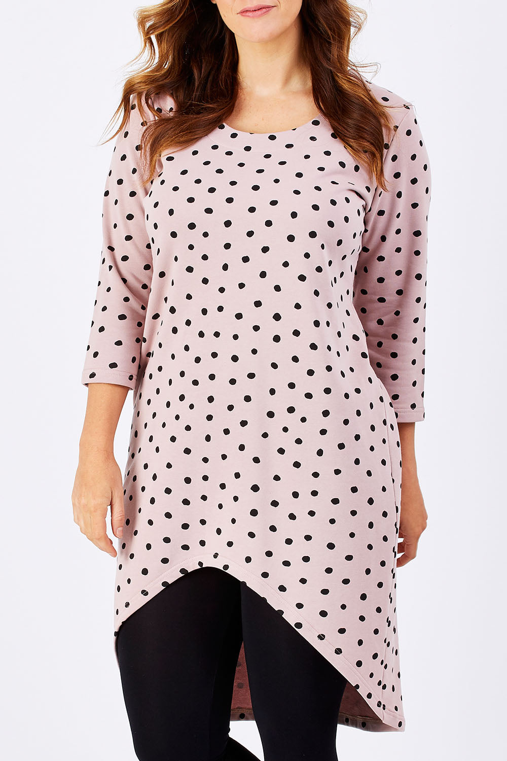 Model Laura wearing size 12 of the Belle Spot Print Tunic in colour PinkSpot (Pink), from the front, cropped image