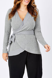 Model Laura wearing size 12 of the Belle Chiffon Trim Cardigan in colour Grey (Grey), from the front, cropped image