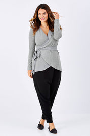 Model Laura wearing size 12 of the Belle Chiffon Trim Cardigan in colour Grey (Grey), from the front, showing the whole outfit