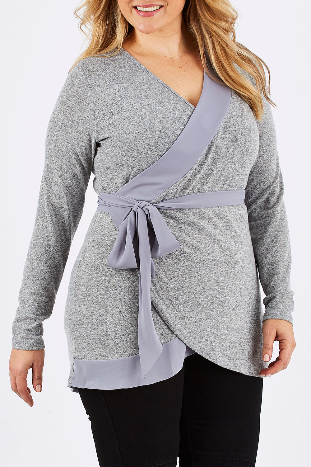 Model Ljubenka wearing size 16 of the Belle Chiffon Trim Cardigan in colour Grey (Grey), from the front, cropped image