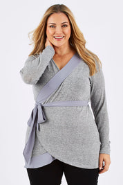 Model Ljubenka wearing size 16 of the Belle Chiffon Trim Cardigan in colour Grey (Grey), from the front, cropped image
