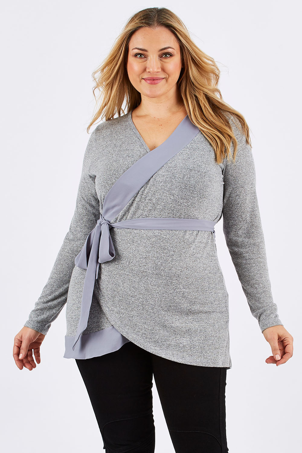 Model Ljubenka wearing size 16 of the Belle Chiffon Trim Cardigan in colour Grey (Grey), from the front, cropped image