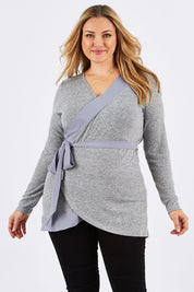 Model Ljubenka wearing size 16 of the Belle Chiffon Trim Cardigan in colour Grey (Grey), from the front, cropped image