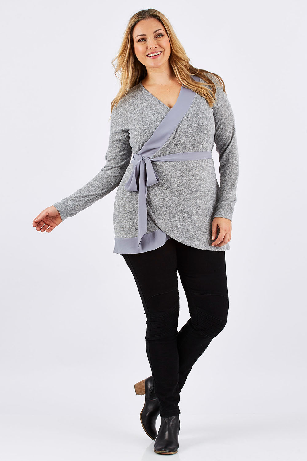 Model Ljubenka wearing size 16 of the Belle Chiffon Trim Cardigan in colour Grey (Grey), from the front, showing the whole outfit