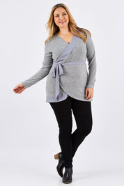 Model Ljubenka wearing size 16 of the Belle Chiffon Trim Cardigan in colour Grey (Grey), from the front, showing the whole outfit