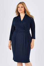Model Ljubenka wearing size 18 of the Belle Jersey Pockets Dress in colour BluePrint (Blue), from the front, cropped image