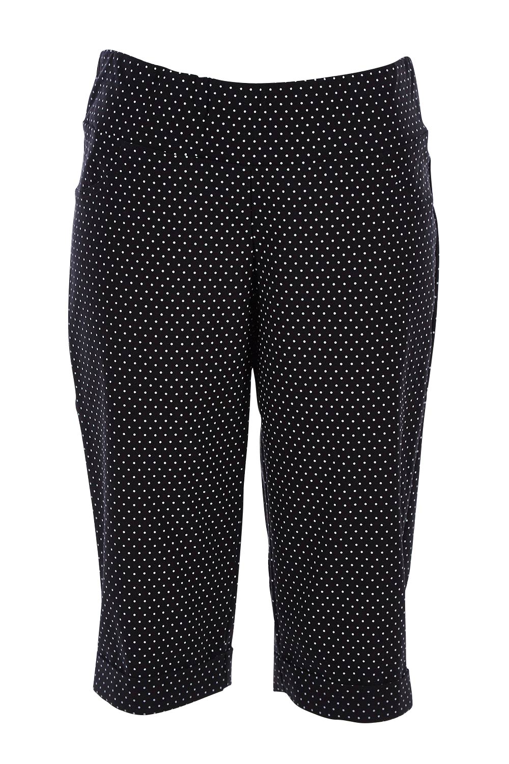 Product shot of the Belle Knee Short in colour Spot (Black), from the front
