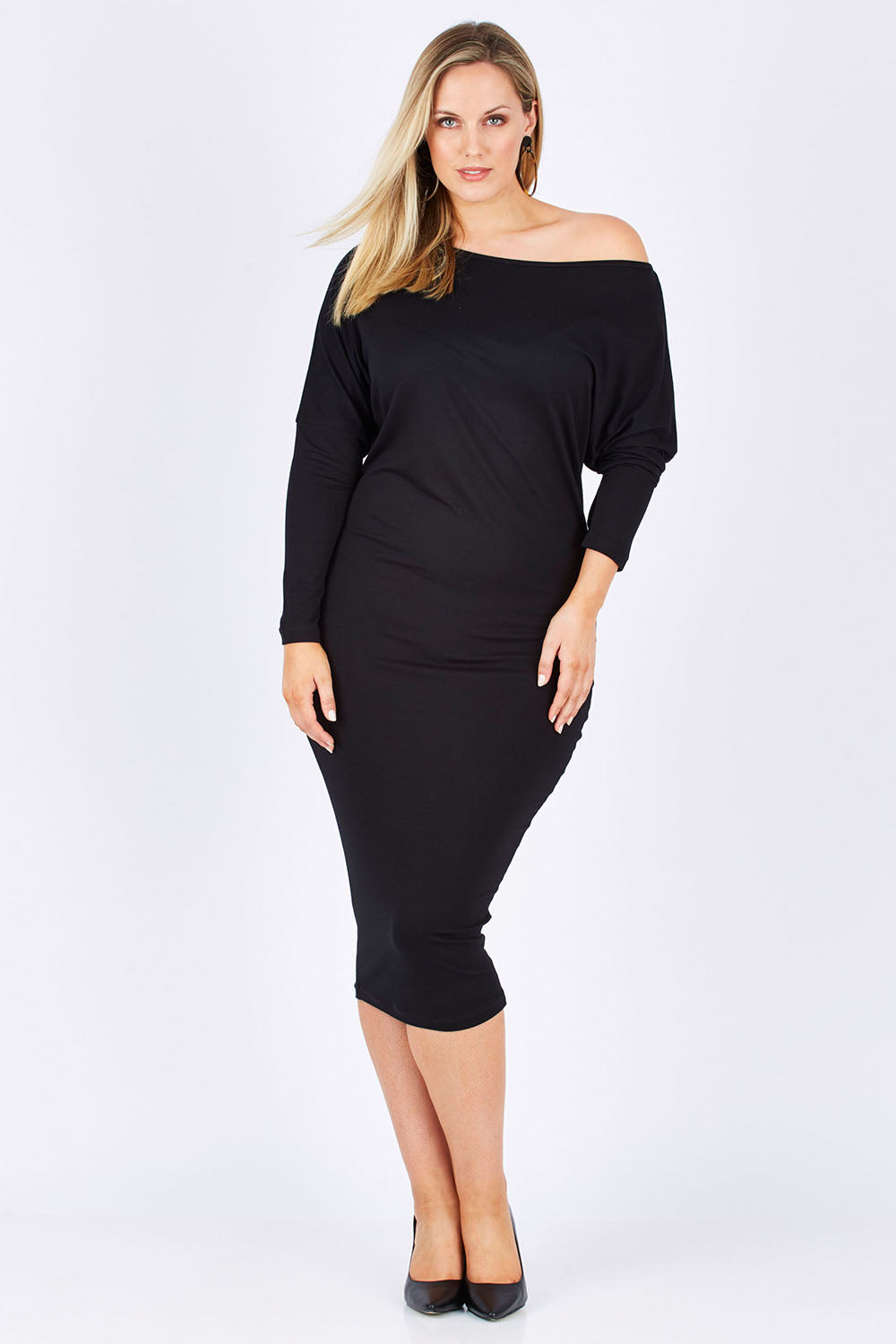Model Jess wearing size 12 of the Belle One Shoulder Dress in colour Black (Black), from the front, showing the whole outfit
