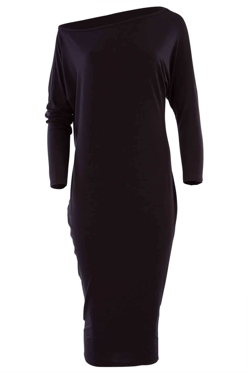 Product shot of the Belle One Shoulder Dress in colour Black (Black), from the front