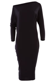 Product shot of the Belle One Shoulder Dress in colour Black (Black), from the front
