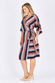 Model Jess wearing size 12 of the Belle Woven Stripe Kimono Dress in colour Stripe, from the front, showing the whole outfit