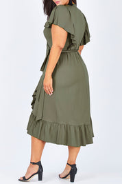 Model Lauren wearing size 16 of the Belle Ruffle Trim Dress in colour Khaki (Green), from the front, cropped image