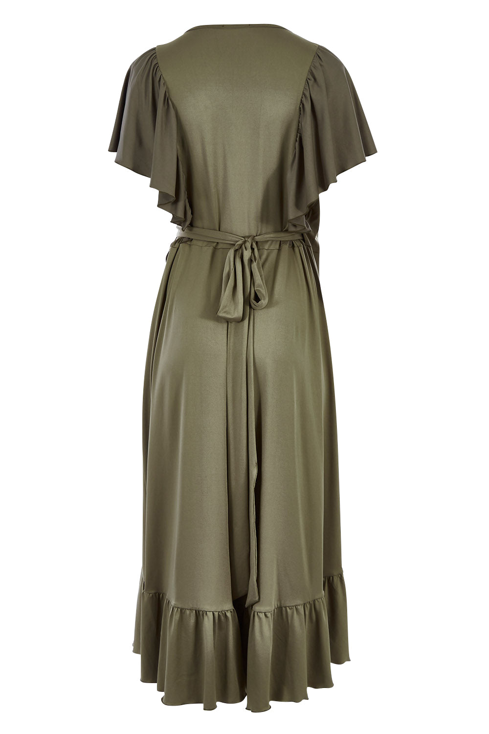 Product shot of the Belle Ruffle Trim Dress in colour Khaki (Green), from the back