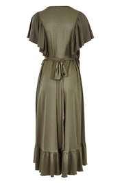Product shot of the Belle Ruffle Trim Dress in colour Khaki (Green), from the back