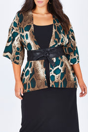 Model Lauren wearing size 16 of the Belle Python Print Kimono Jacket in colour Pythprin (Black), from the front, cropped image